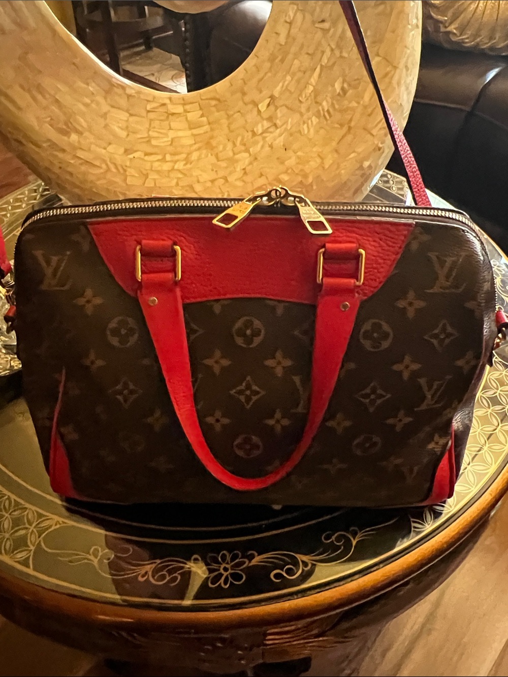 Louis Vuitton Brown Monogram Satchel with Red Trim and Gold Hardware
